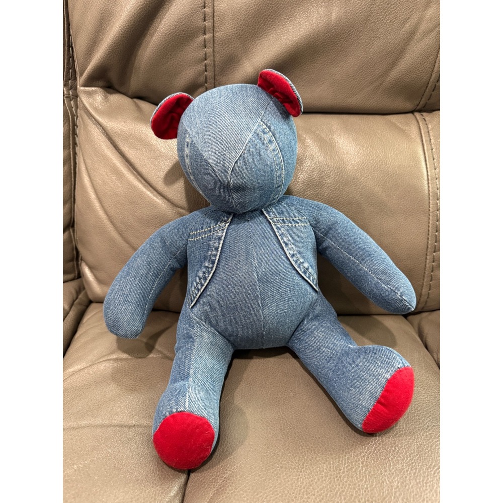 Handmade Denim Teddy Bear Blue Jean Patchwork Plush Red Heart Accent 12"